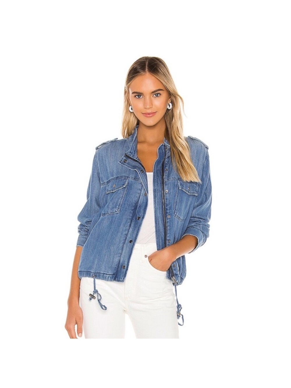 Rails Collins Sorrento Wash Denim Utility Jacket Size M Drawstring Hem
